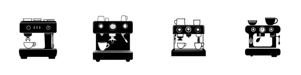Black flat icons of various espresso machines showcasing different styles and features for coffee enthusiasts