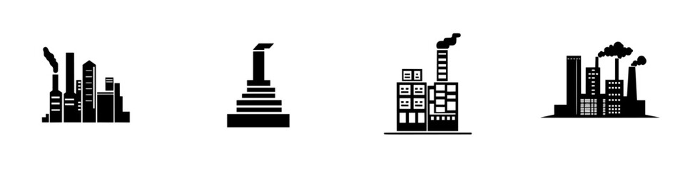 Black icon set representing industrial buildings, smokestacks, and urban structures in a minimalist design featuring environmental themes