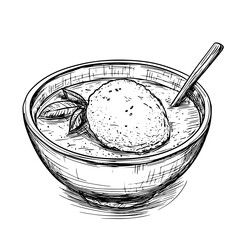 Delicious dessert featuring a scoop of ice cream in a bowl with a spoon and garnished with leaves