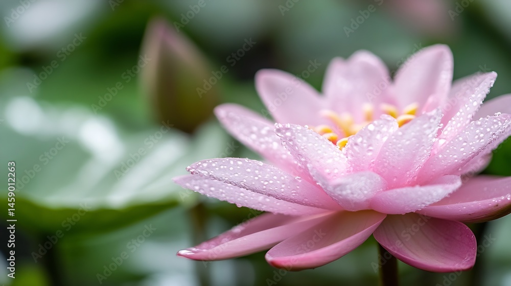Poster Close-up view of a pink water lily flower with water droplets on its petals, showcasing its delicate texture and vibrant color against a blurred green background. : Generative AI