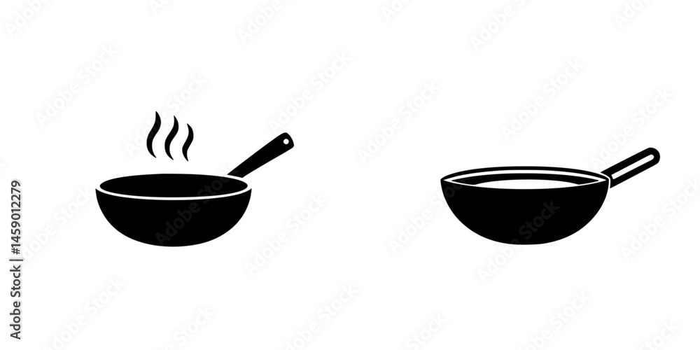 Poster icon set featuring a steaming frying pan and a simple bowl with handle designed for cooking applicat