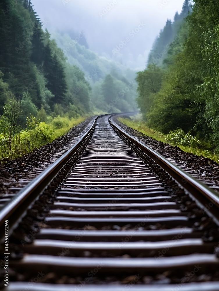 Poster a lone railway track curves gently through a misty, green forest, disappearing into the distance, cr