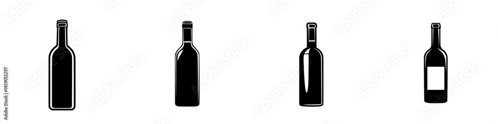 Poster flat black icon set featuring different wine bottle silhouettes in various styles and shapes for gra