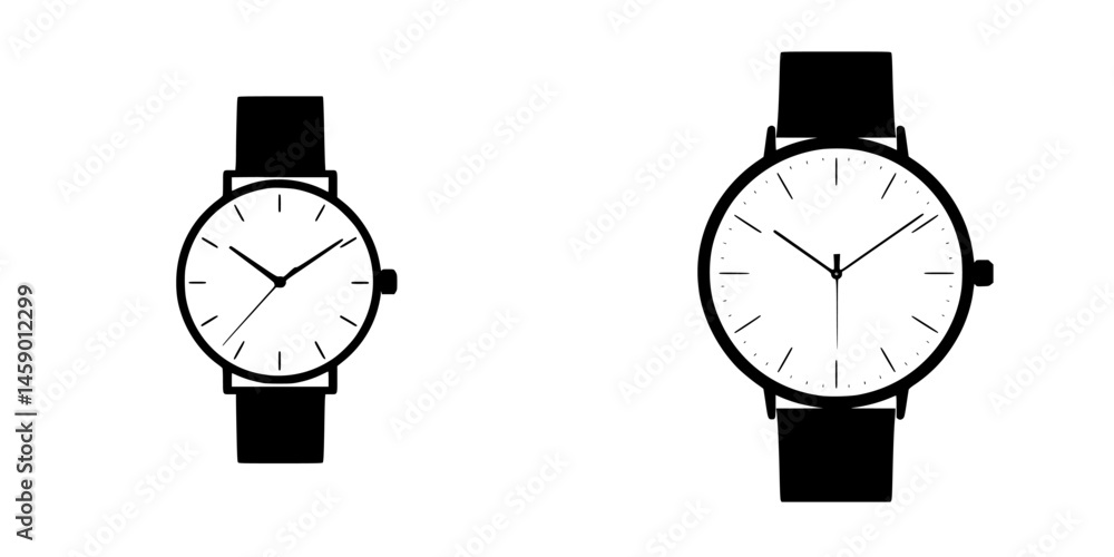 Poster flat black icon representing two distinct watch designs showcasing minimalist style and timekeeping 