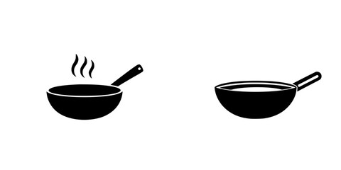 Icon set featuring a steaming frying pan and a simple bowl with handle designed for cooking applications