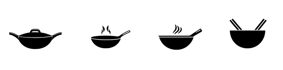 Flat black cooking icons representing various kitchen cookware and steaming dishes for culinary design