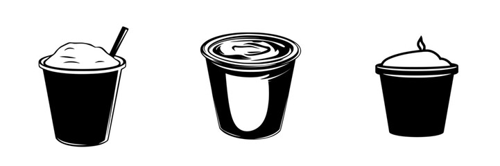 Black icons of various dessert cups representing different types of sweet treats and their unique presentations and textures