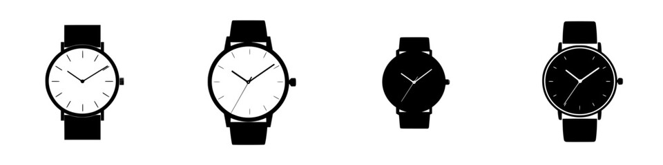 Various flat black icons of wristwatches with different styles and designs arranged in a row showcasing contemporary fashion elements