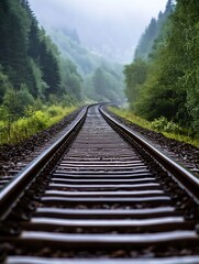 A lone railway track curves gently through a misty, green forest, disappearing into the distance, creating a sense of mystery and journey. : Generative AI