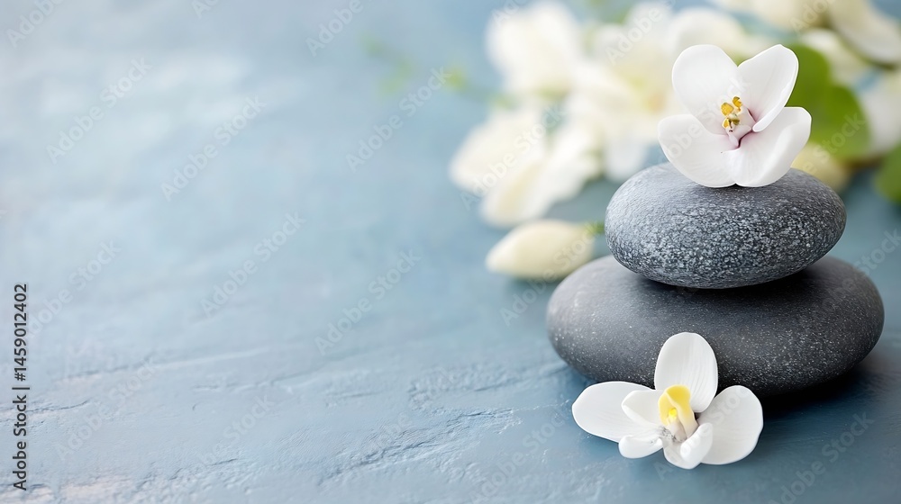 Poster serene spa scene with stacked grey stones and delicate white orchids, creating a peaceful and tranqu