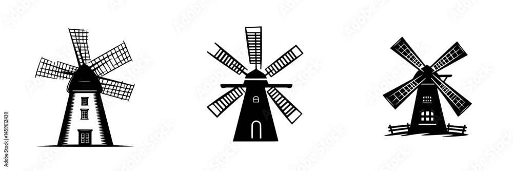Poster Flat black icon collection of three distinct windmills showcasing varying designs and structures in a minimalistic style