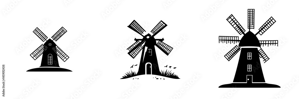 Poster flat black windmill icons featuring different designs and structures set against a simple background