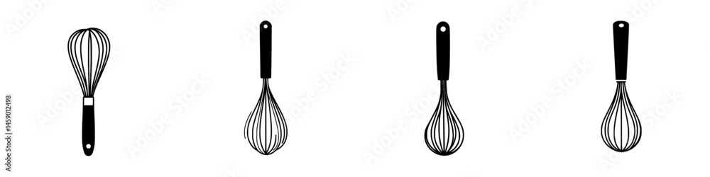 Poster flat black kitchen whisk icons representing various designs in a minimalistic style suitable for cul