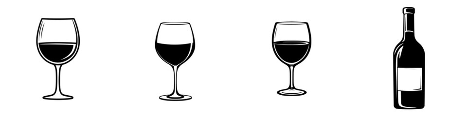 Flat black icon set of wine glasses and a bottle arranged in a linear design highlighting various wine vessel forms