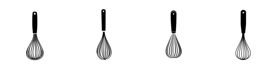 Flat black whisk icons displayed in a row, representing essential kitchen tools for mixing and blending ingredients