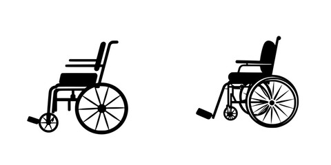 Fototapeta premium Flat black icon representation of two different wheelchair designs showcasing mobility aids for individuals with disabilities