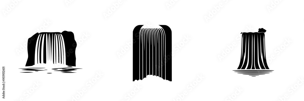 Poster minimalist flat black waterfall icons representing different waterfall styles and formations in a si