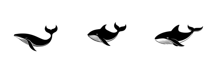 Fototapeta premium Flat black whale icons depicting three different swimming positions in simple, minimalist design