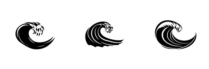 Stylized flat black wave icons representing ocean motion and energy elements in minimalist design