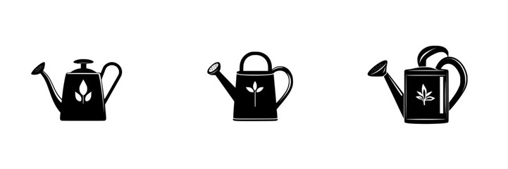 Collection of flat black watering can icons suitable for gardening and plant care applications