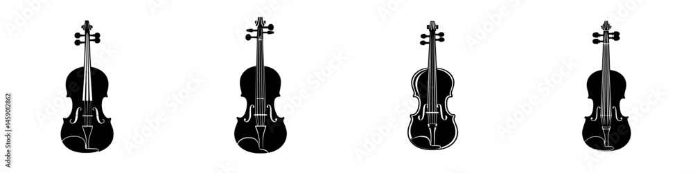 Poster flat black icon of multiple violin designs arranged side by side for musical representation and arti