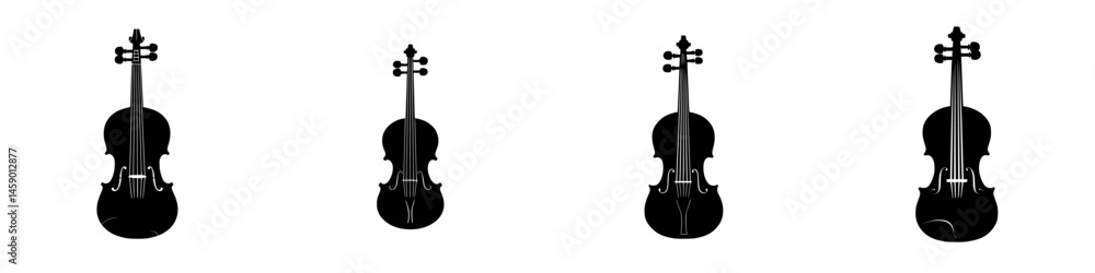 Poster silhouette icons of violins arranged in a row showing different angles and positions for graphic des