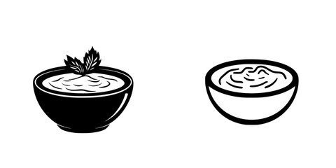 Various flat black icons depicting bowls of soup with different designs and styles for culinary use