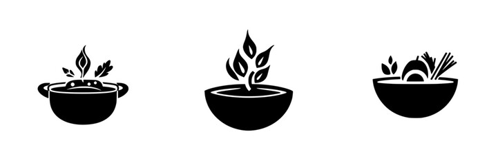 Icon set showcasing pots and bowls with plants and food elements, emphasizing culinary themes and nature