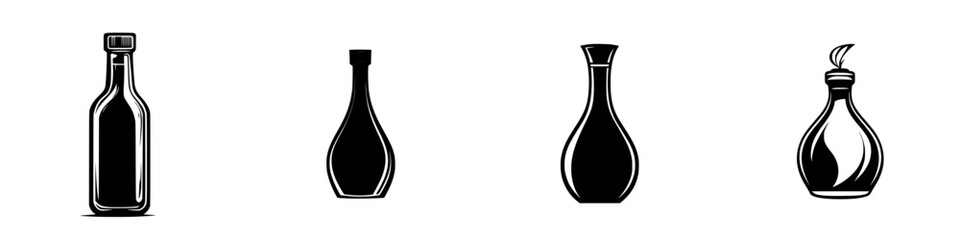 Collection of flat black icons of various bottle shapes for graphic design and illustration projects