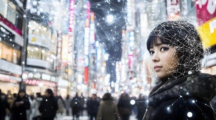 Obraz premium Digital Connectivity in Urban Landscape: A woman stands amidst a bustling city scene, interwoven with digital network.