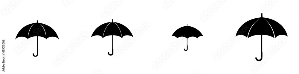 Poster flat black icons representing various styles of umbrellas arranged in a neat row on a clean backgrou