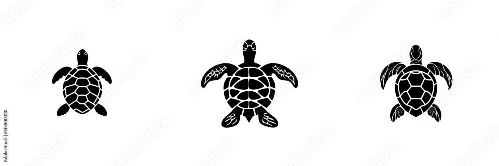 Poster flat black turtle icon collection featuring three distinct turtle designs in a minimalist style on a
