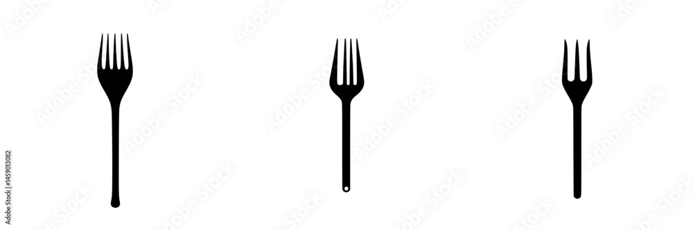 Aufkleber collection of black flat icons depicting various fork designs arranged in a row against a simple bac