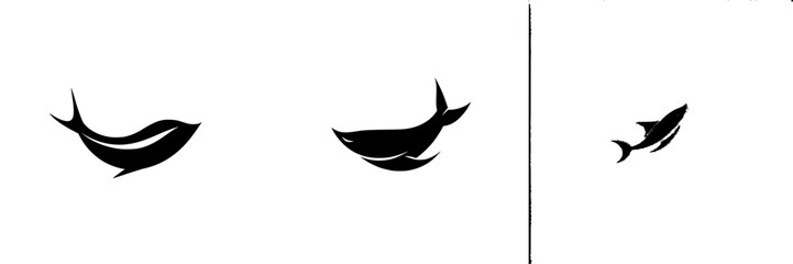 Collection of flat black fish icons including whales and sharks in minimalist design for use in various graphic applications