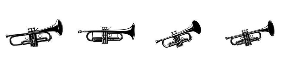 Flat black icon of trumpets arranged in a row showcasing musical instruments commonly used in orchestras and bands © Andrei