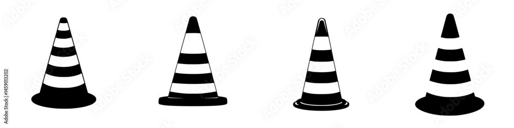 Poster collection of flat black traffic cone icons with striped patterns on a white background for design p