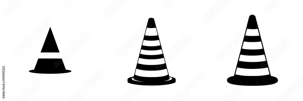 Poster flat black icons representing various designs of traffic cones in minimalist style showcasing differ