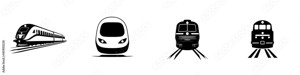 Poster different styles of train icons displayed in a flat black design showcasing various types of trains 