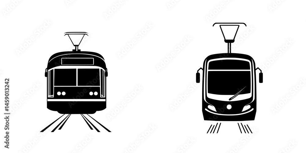 Poster flat black icons representing public transportation vehicles on tracks showing front views and simpl