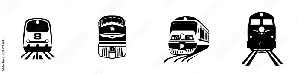 Poster flat black icons of various train locomotives displayed in a row showcasing different styles and des