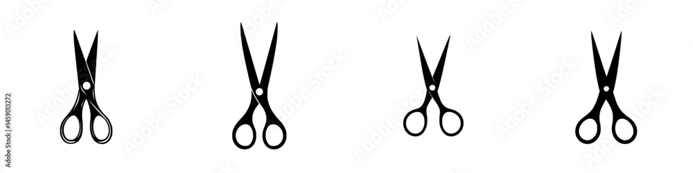 Poster flat black icon set of scissors in various orientations for design and graphics applications