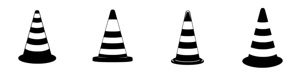 Collection of flat black traffic cone icons with striped patterns on a white background for design purposes