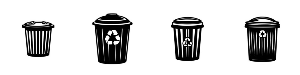 Collection of flat black icons representing different types of trash and recycling bins in a minimalistic style for waste management