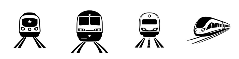 Four distinct black train icons representing various train types and styles on simplified tracks