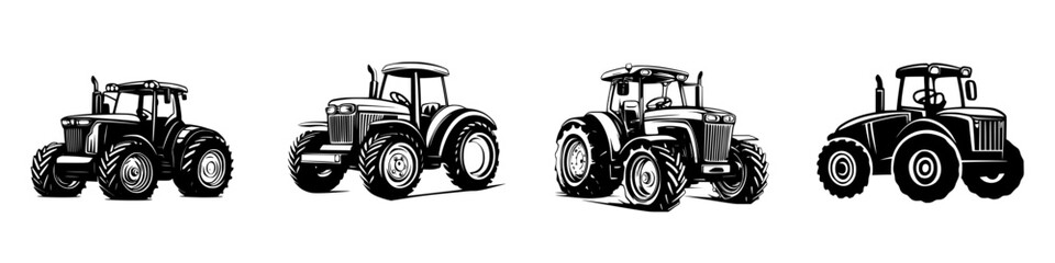 Collection of flat black tractor icons depicting various designs and styles suitable for agricultural themes and graphic applications