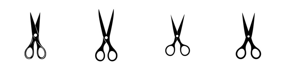 Flat black icon set of scissors in various orientations for design and graphics applications