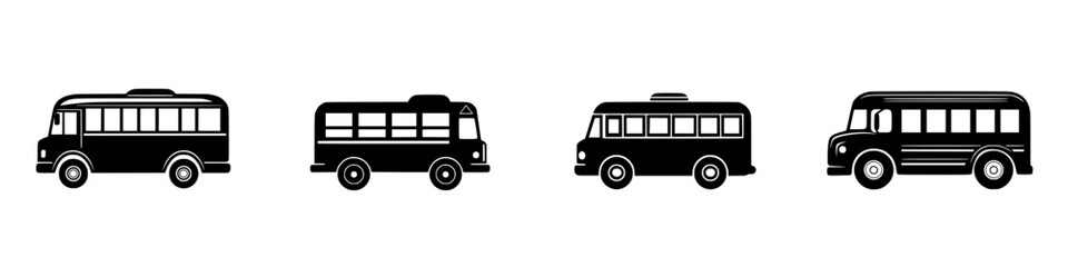 Collection of flat black bus icons illustrating different styles and designs for transportation themes