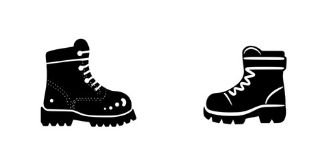 Flat black hiking boot icons designed for outdoor activities, showcasing different styles suitable for rugged terrains