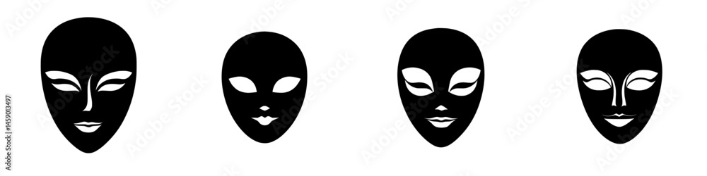 Poster collection of flat black alien icons representing various facial features and expressions in a minim