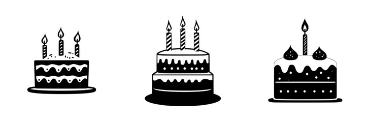 Black icons of celebratory cakes with candles representing festive occasions and joyful gatherings